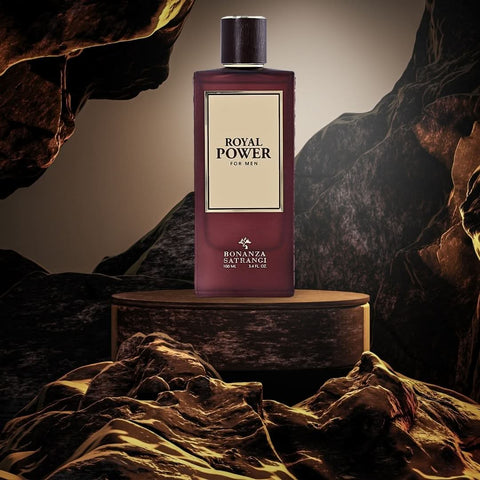 Bonanza Satrangi Royal Power For Men EDP spray 100ML with amber-vanilla scent, showcasing the luxurious fragrance bottle.