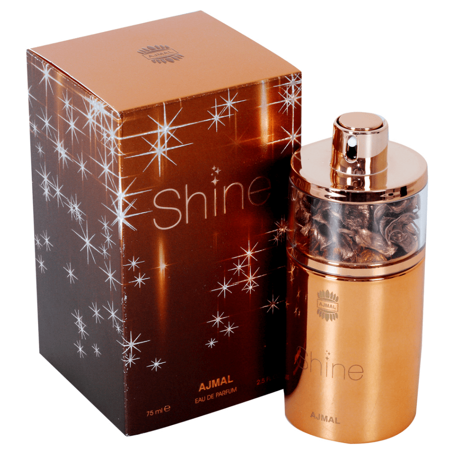 Ajmal Shine for Women EDP 75ml perfume bottle with elegant design, showcasing the floral and fruity fragrance notes.
