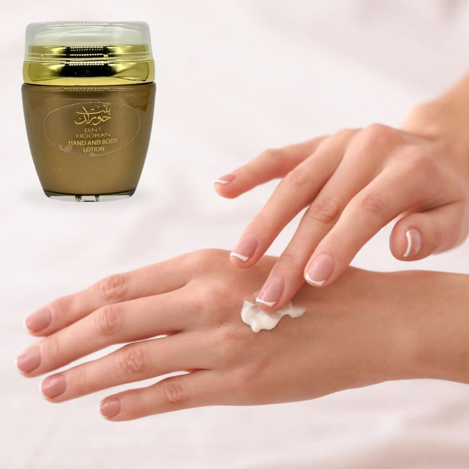 Bint Hooran Hand and Body Lotion by Ard Al Zaafaran in 45ml bottle, featuring a sleek design and lotion inside.