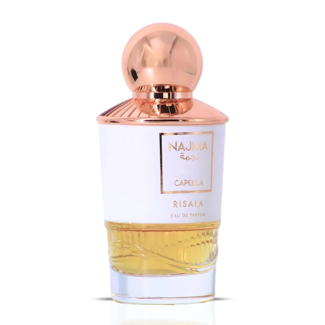 Najma Capella Eau de Parfum Spray by Risala, 100ml bottle, elegant glass container with a sleek design, for women.