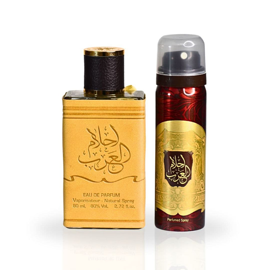 Ahlam Al Arab EDP spray by Ard Al Zaafaran, 80ML, featuring a luxurious glass bottle with elegant design and cap.
