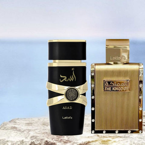 Lattafa Asad & The Kingdom for Men Eau de Parfum bundle, two 100ml sprays with sleek bottles and elegant packaging.