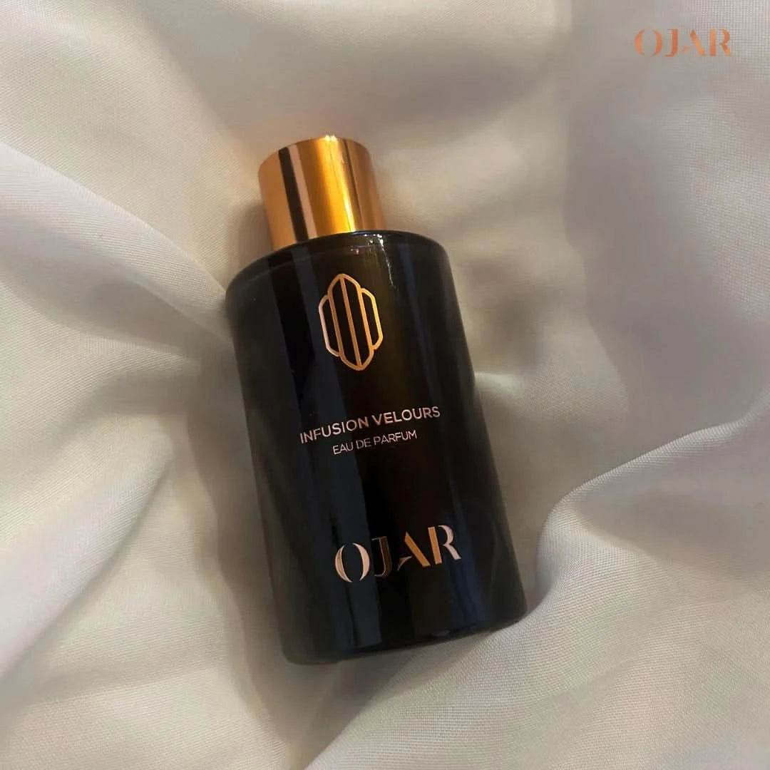 Ojar Infusion Velours Eau De Parfum spray 100ml bottle, sleek design with elegant cap, showcasing luxurious fragrance packaging