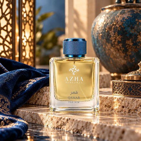 Azha Qamar Eau de Parfum Spray 100ml bottle with elegant design and gold accents, showcasing the luxury fragrance.