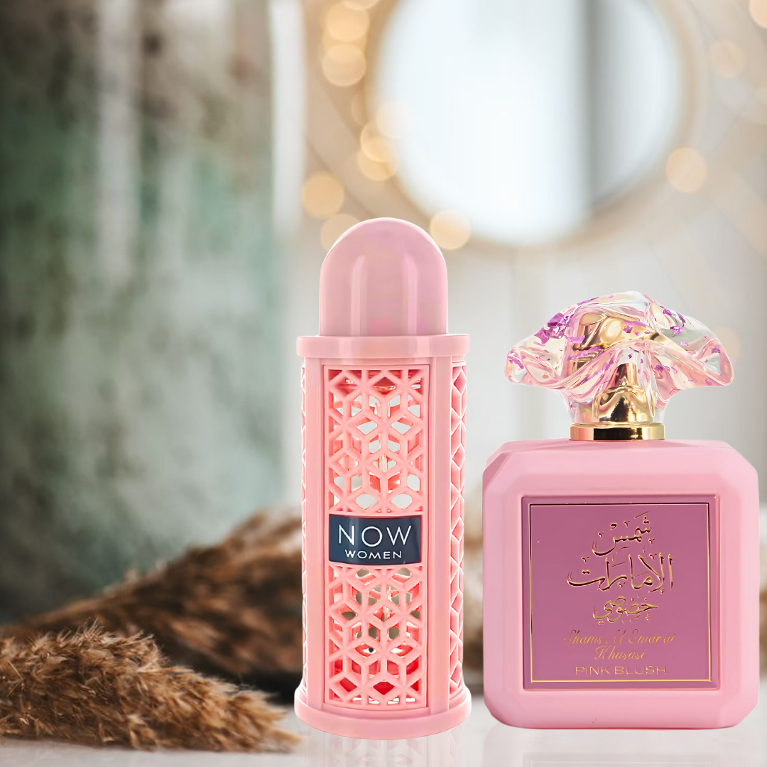 Pink Blush Shams Al Emarat Khususi and Now Women Eau de Parfum sprays by Intense Oud in 100ml bundle, featuring elegant fragrance bottles.