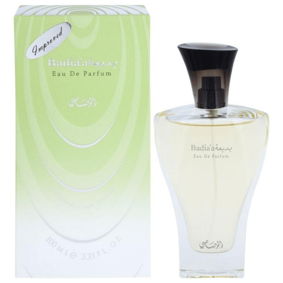 Rasasi Badia'a for Women Eau De Parfum 100ml bottle with elegant packaging and floral design.