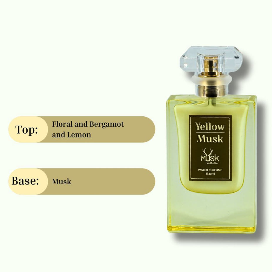 Yellow Musk Water Perfume spray by Hamidi, 30ml, featuring a sleek bottle and vibrant yellow fragrance liquid.