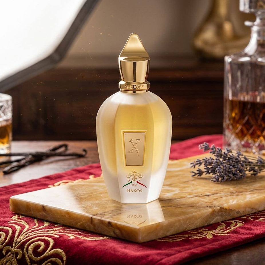 Xerjoff 1861 Naxos Eau de Parfum spray bottle, 100ml, featuring elegant packaging and scent profile, on a neutral background.