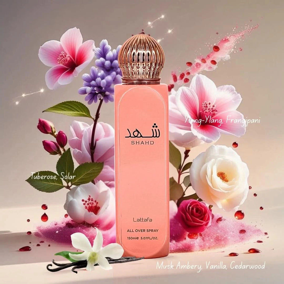 Lattafa Haya & Shahd All Over Sprays bundle, 150ml each, featuring floral and fruity scents in colorful packaging.