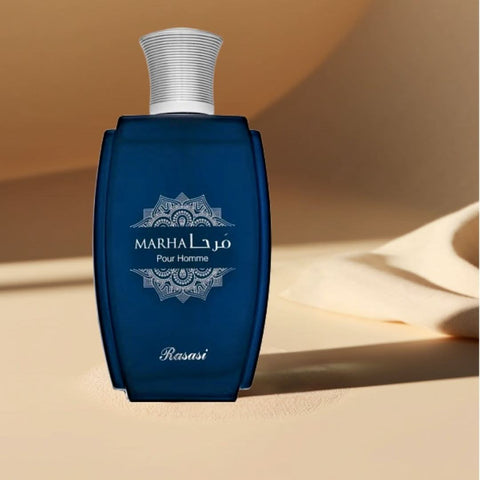 Rasasi Marha Pour Homme EDP spray 100ML with warm floral, masculine scent, showcasing the elegant perfume bottle.