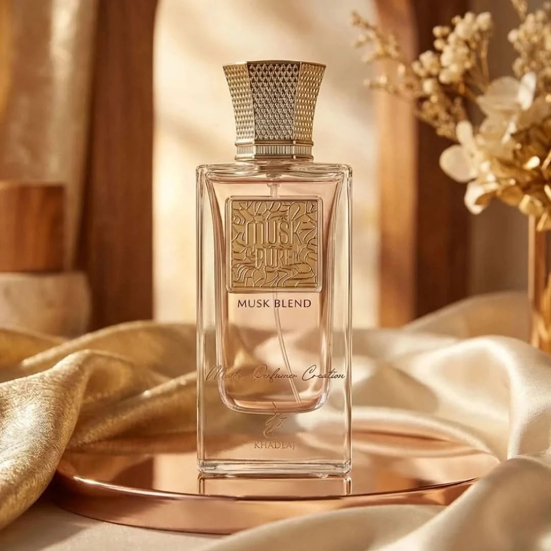 Khadlaj Musk Pure Musk Blend Eau de Parfum Spray 60ml in a velvet pouch, featuring the elegant perfume bottle and branding.