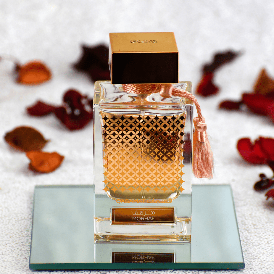 Qasamat Morhaf Eau de Parfum spray by Rasasi, 65ml bottle, featuring elegant fragrance packaging and design.