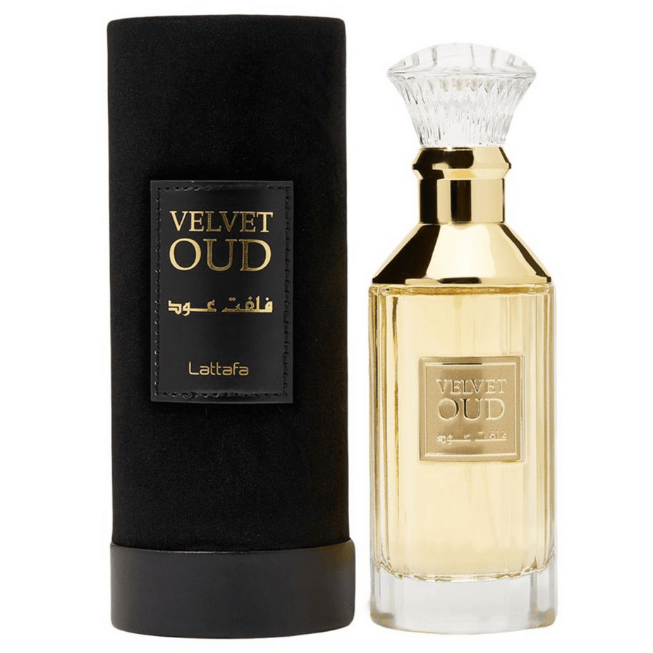 Velvet Oud Eau De Parfum by Lattafa, 100ML bottle, elegant glass packaging with a velvet-themed design.