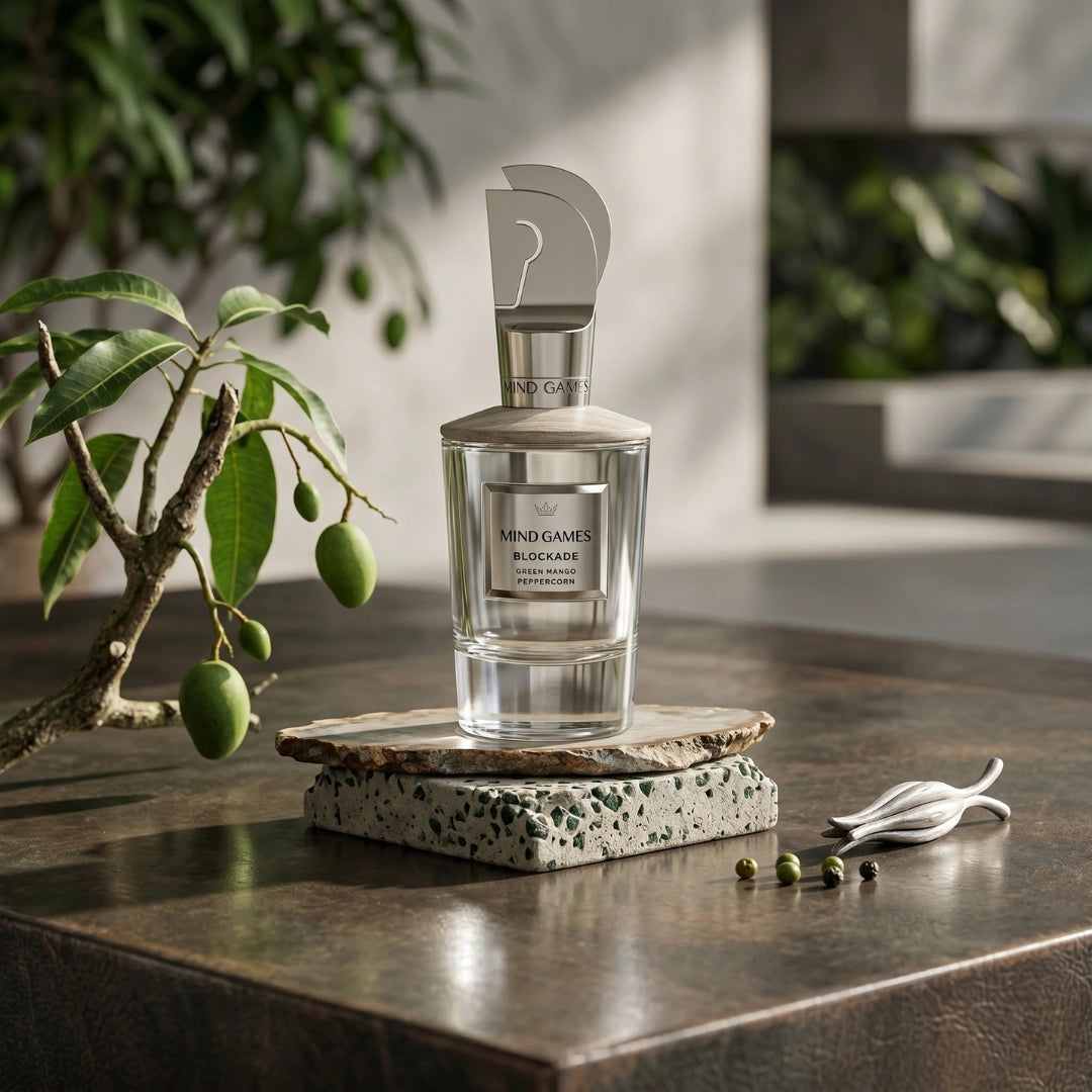 Bottle of Blockade Extrait de Parfum 100ml by Mind Games, showcasing the elegant glass perfume bottle with a sleek design.