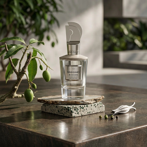 Bottle of Blockade Extrait de Parfum 100ml by Mind Games, showcasing the elegant glass perfume bottle with a sleek design.