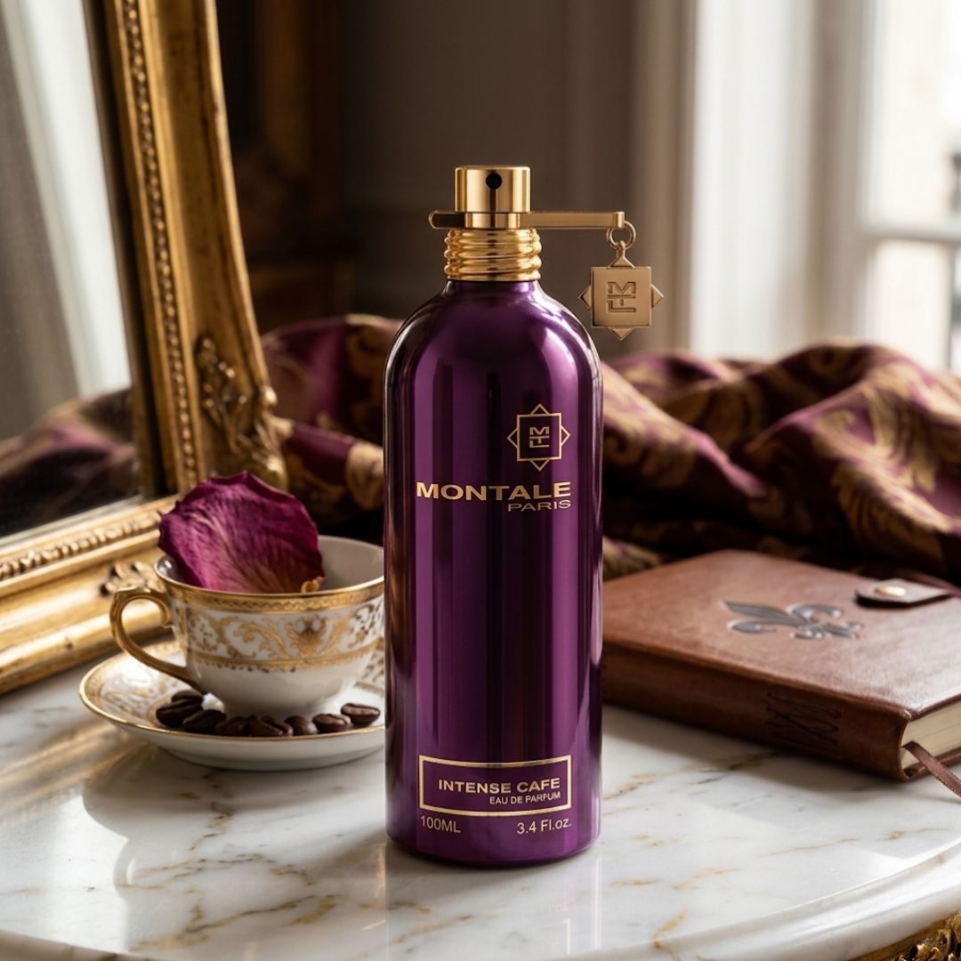 Montale Intense Cafe Eau de Parfum spray bottle, 100ml, with elegant packaging and dark brown cap.