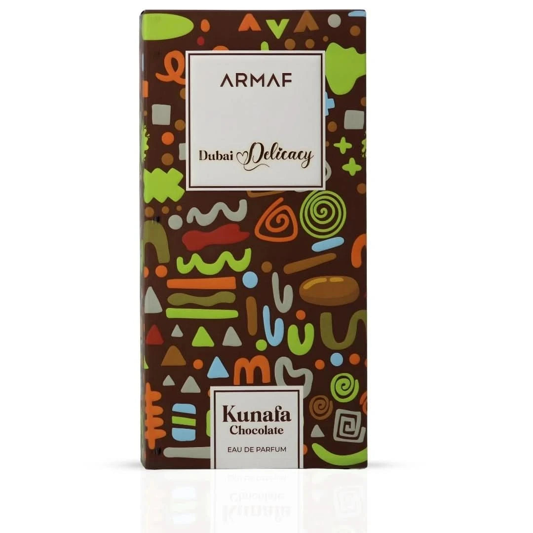 Dubai Delicacy Kunafa Chocolate Eau de Parfum Spray by Armaf, 70ml, featuring a sleek bottle with elegant design and rich chocolate scent.