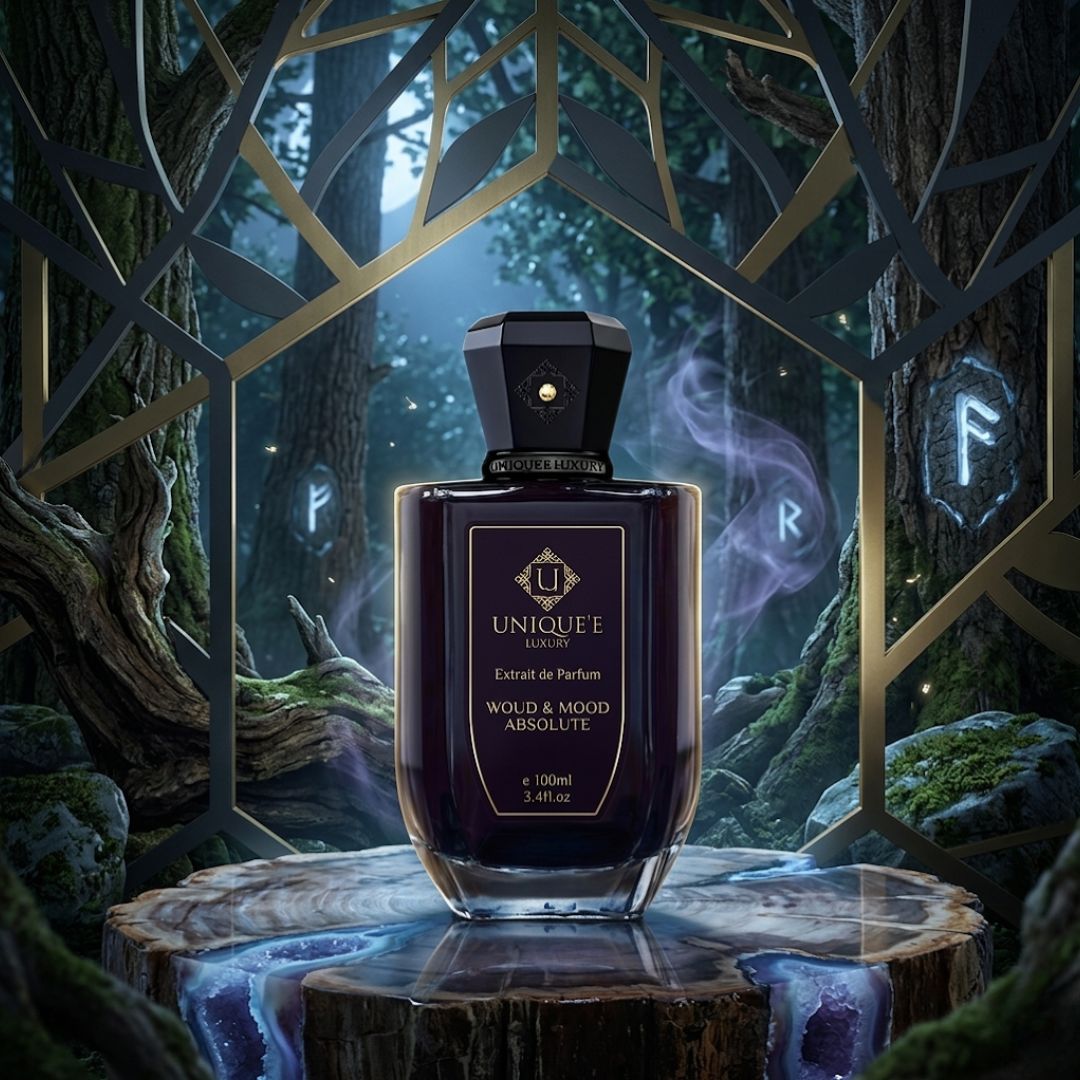 Unique'e Luxury Woud & Mood Absolute Extrait de Parfum EDP 100ml bottle with elegant packaging and fragrance details.