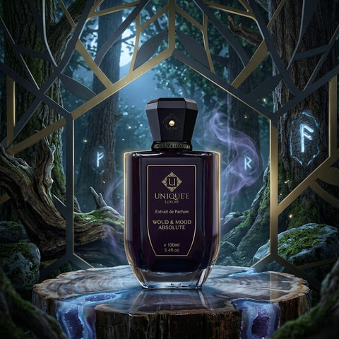 Unique'e Luxury Woud & Mood Absolute Extrait de Parfum EDP 100ml bottle with elegant packaging and fragrance details.