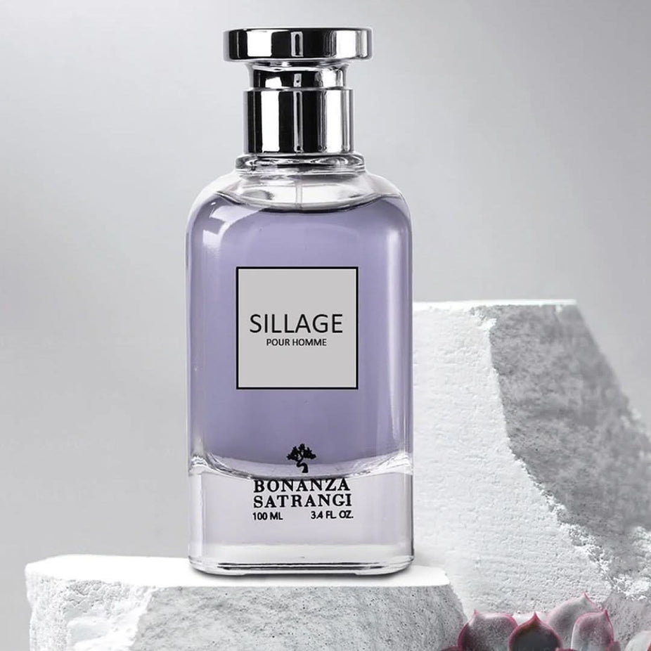 Bonanza Satrangi Sillage Pour Homme EDP spray 100ML with citrus, floral, musky, and woody notes in a sleek bottle.