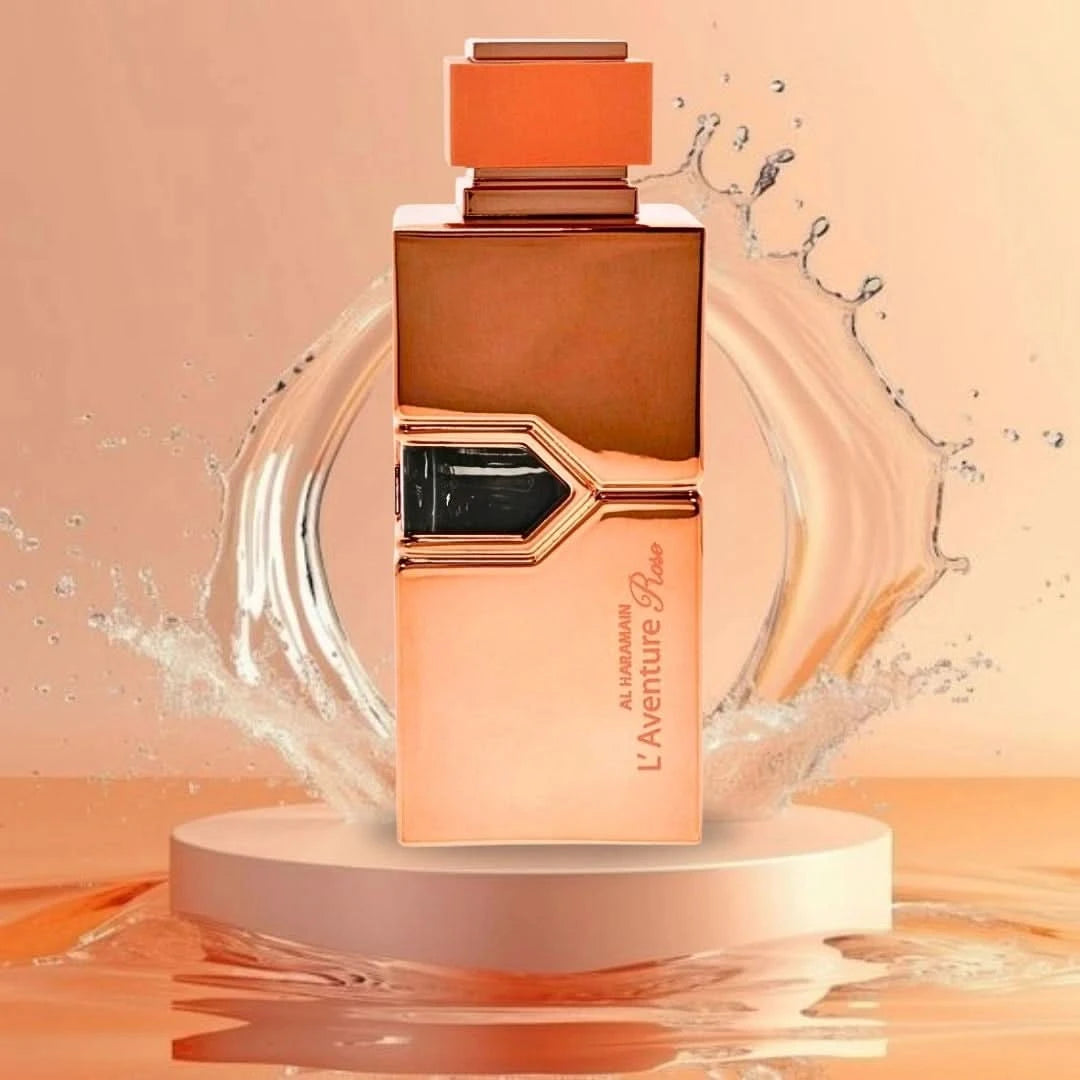 Al Haramain L'Aventure Rose Eau de Parfum spray 200ML with velvet pouch, featuring elegant floral fragrance bottle.