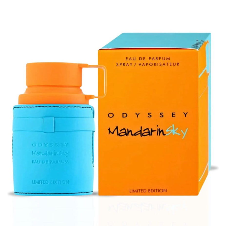 Armaf Odyssey Mandarin Sky, Aoud Edition, Wild One Gold Eau de Parfum sprays in 100ml collection bundle on white background.