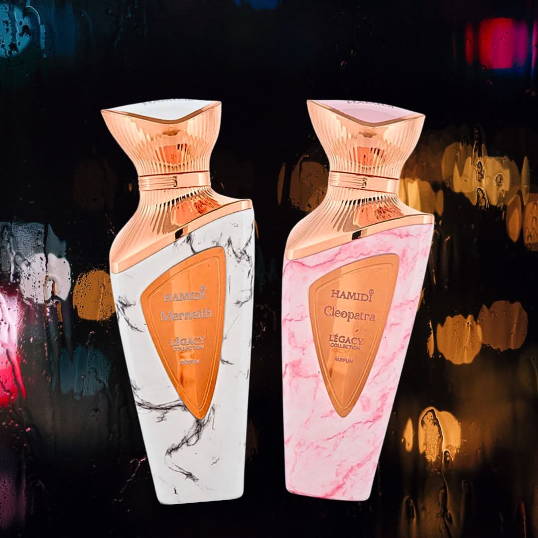 Hamidi Legacy Cleopatra and Merneith Eau de Parfum Spray bundle, 100ml bottles with elegant perfume packaging.