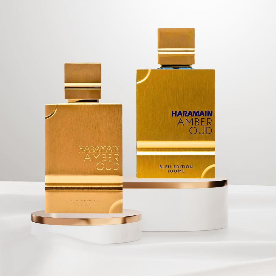 Al Haramain Amber Oud Gold and Bleu Edition Eau de Parfum spray bundle, 100ml each, featuring elegant gold and blue bottles.