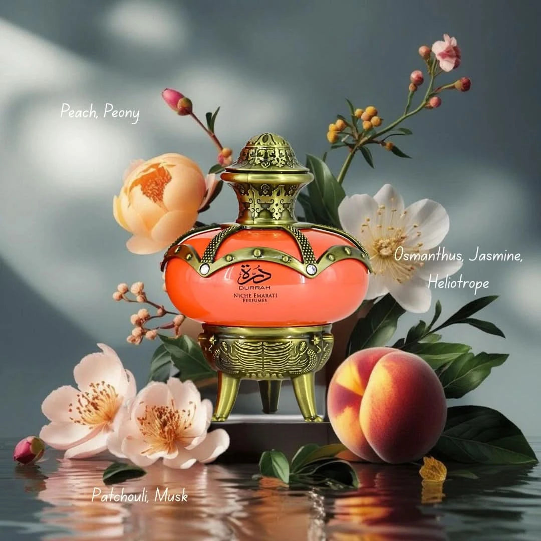 Lattafa Habik and Emarati Durrah Eau de Parfum spray bundle for women, 100ml, featuring elegant perfume bottles.