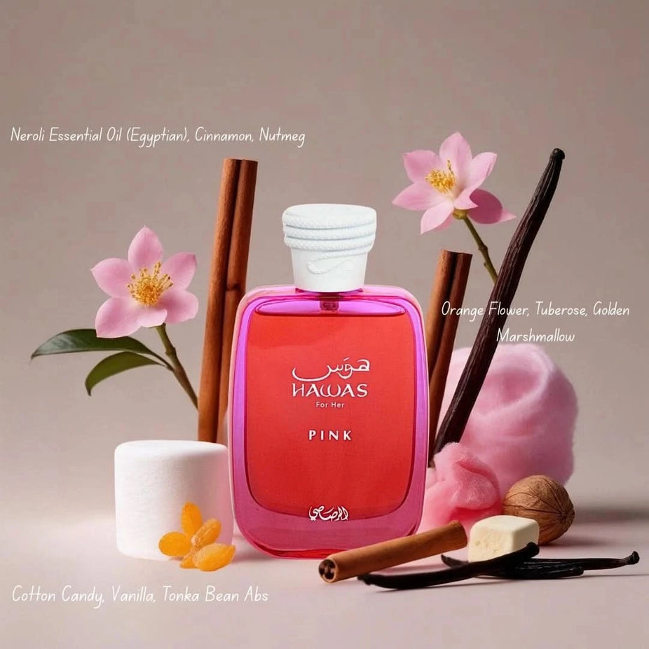 Rasasii Hawas for Him and Hawas Pink for Her Eau de Parfum 100ml bundle, featuring elegant bottles of men's and women's fragrances