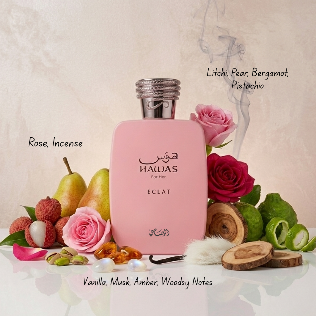 Rasasi Hawas For Her Eclat Eau de Parfum spray 100ml with elegant bottle and floral design.