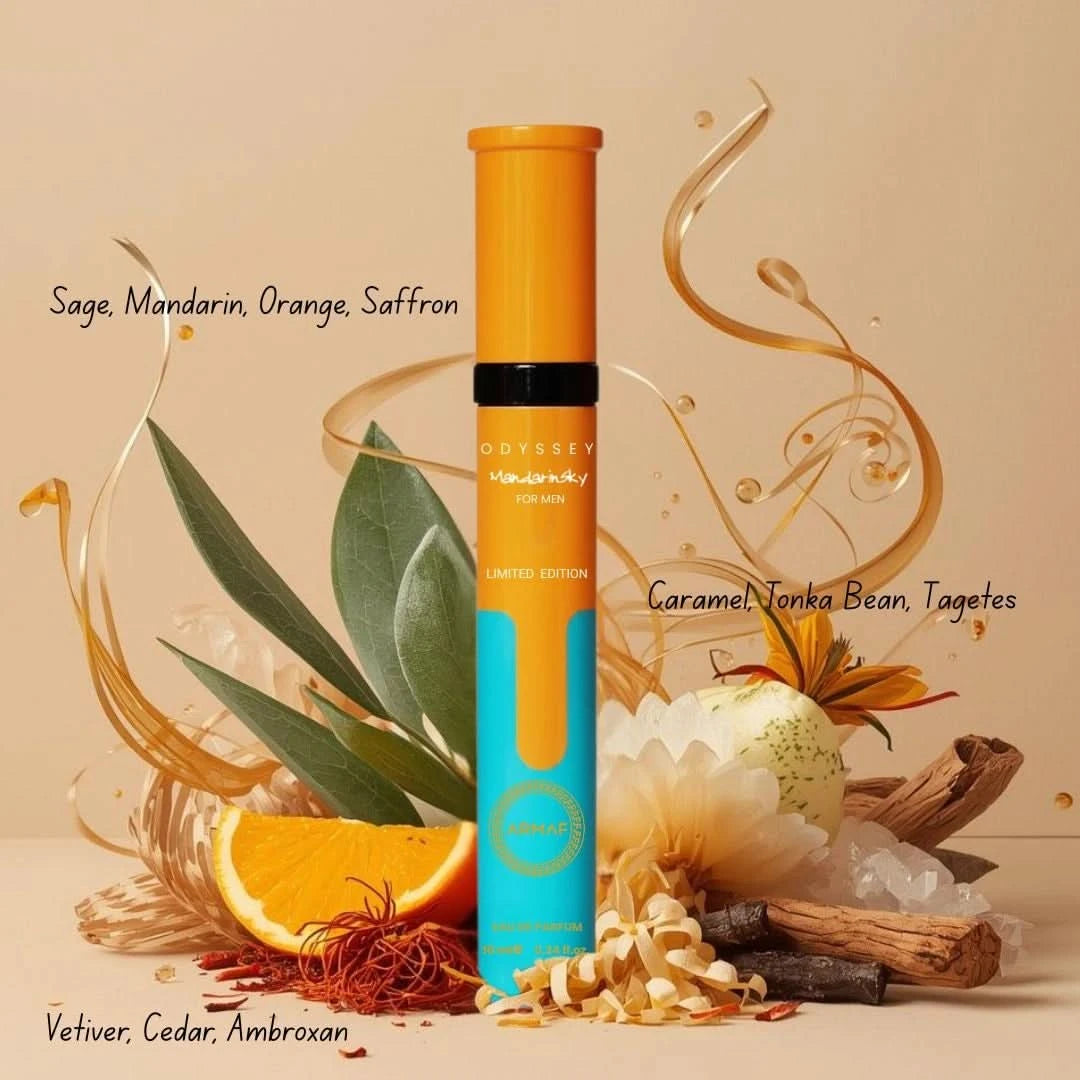 Odyssey Mandarin Sky Eau de Parfum spray by Armaf, 10ml, featuring a sleek bottle with a citrus and floral fragrance design.