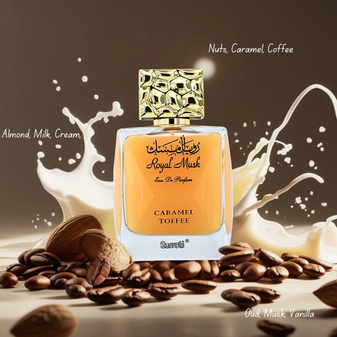 Bundle of Intense Oud Royal Musk Caramel Toffee and Caramel Cascade Eau de Parfum sprays, 100ml each, featuring luxurious caramel and musk notes.