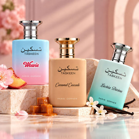 Taskeen Caramel Cascade, Wowie & Lactéa Divina Eau de Parfum Spray 100ml (3.4 oz) by Paris Corner (Bundle)