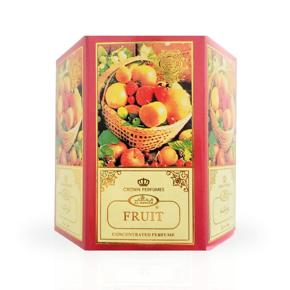 Set of six 6ml Al Rehab Fruit Perfume Oil CPO bottles with colorful packaging, showcasing vibrant labels and compact design.