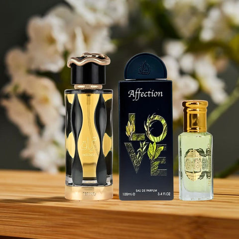 Bundle of Lattafa Teriaq Intense & Affection Eau de Parfum sprays 100ml and Lady Mile perfume oil 12ml with Intense Oud.