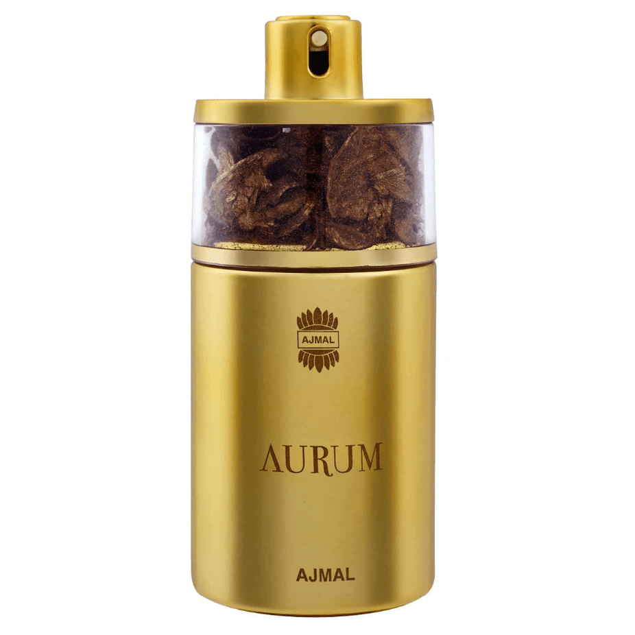 Aurumm for Women Eau De Parfum by Ajmal in a 75ML bottle, elegant fragrance bottle with floral design.