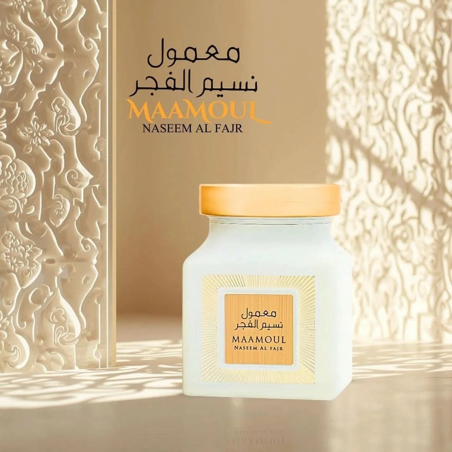 Rasasi Maamoul Naseem Al Fajr Bakhoor 150g in a decorative jar, showcasing traditional Middle Eastern incense for home fragrance.