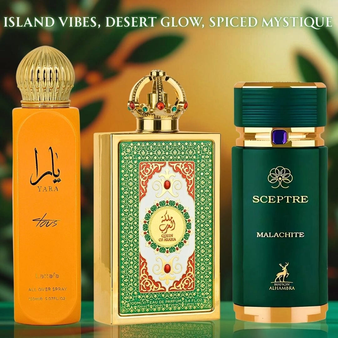 Yara Tous All Over Spray 150ml by Lattafa, Queen of Arabia by Lattafa Pride & Sceptre Malachite by Maison Alhambra - Eau de Parfum Sprays 100ml (3.4 oz) | Island Vibes & Desert Glow (Bundle) - Intense Oud