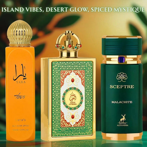 Yara Tous All Over Spray 150ml by Lattafa, Queen of Arabia by Lattafa Pride & Sceptre Malachite by Maison Alhambra - Eau de Parfum Sprays 100ml (3.4 oz) | Island Vibes & Desert Glow (Bundle) - Intense Oud