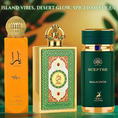 Yara Tous All Over Spray 150ml by Lattafa, Queen of Arabia by Lattafa Pride & Sceptre Malachite by Maison Alhambra - Eau de Parfum Sprays 100ml (3.4 oz) | Island Vibes & Desert Glow (Bundle) - Intense Oud