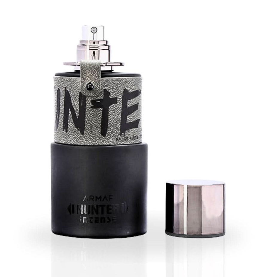 Armaf Hunter Intense For Men Eau De Parfum spray bottle, showcasing sleek design and masculine branding, 100ml size.