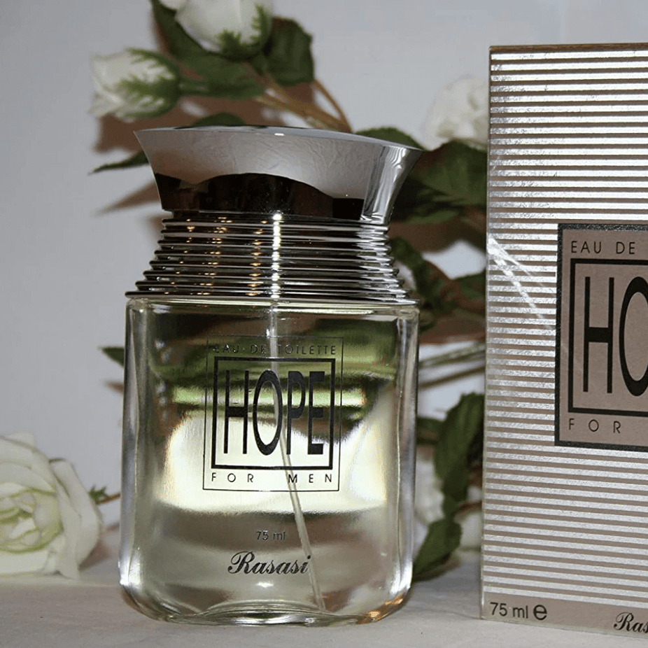 Hope EDP couple set by Rasasi featuring 75ml men's and 50ml women's Eau de Parfum bottles, elegant packaging.
