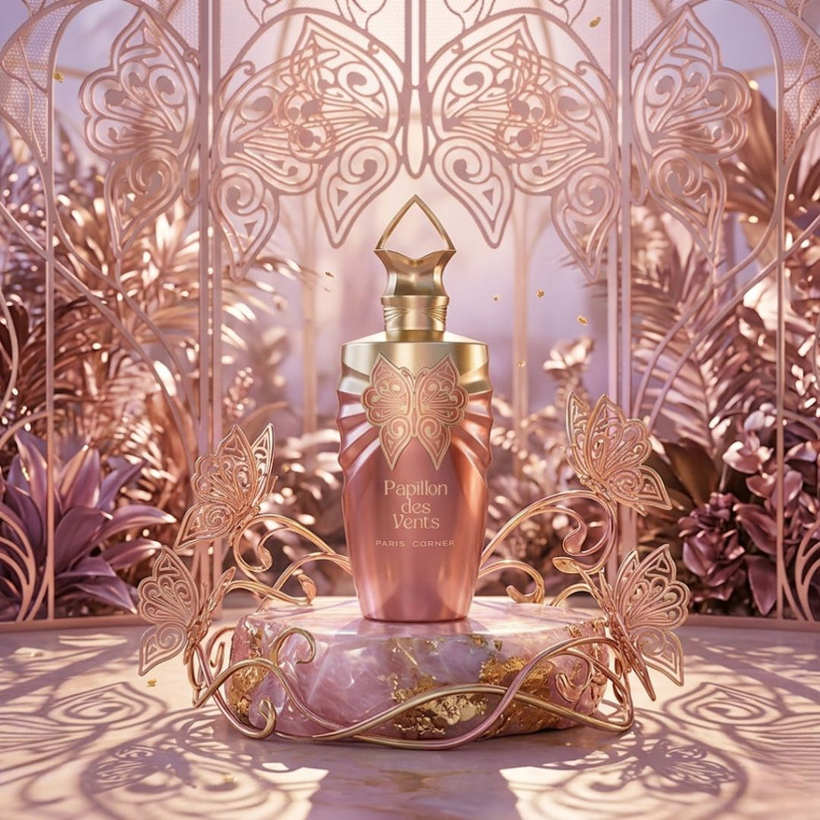 Paris Corner Papillon des Vents Eau de Parfum spray 100ml, elegant glass bottle with floral design, showcasing the fragrance.