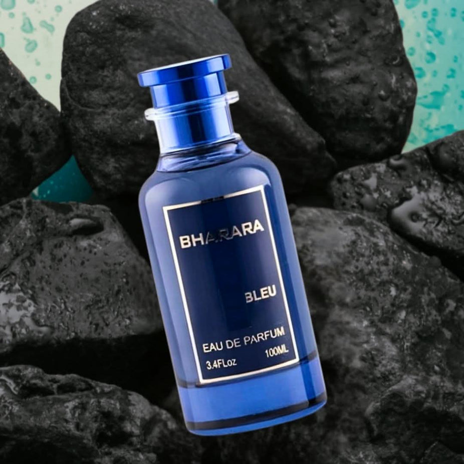 Bharara Bleu Pour Homme Eau de Parfum spray bottle, 100ml, featuring sleek blue packaging and elegant design.