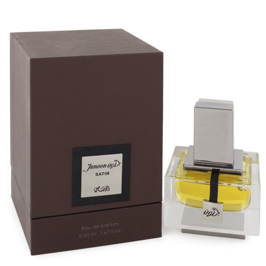 Junoon Satin for Men Eau De Parfum by Rasasi, 50ml bottle with sleek packaging and elegant design.