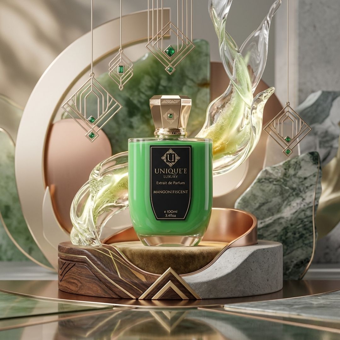 Unique'e Luxury Mangonifiscent Extrait de Parfum 100ml bottle with elegant packaging and a sleek gold cap.