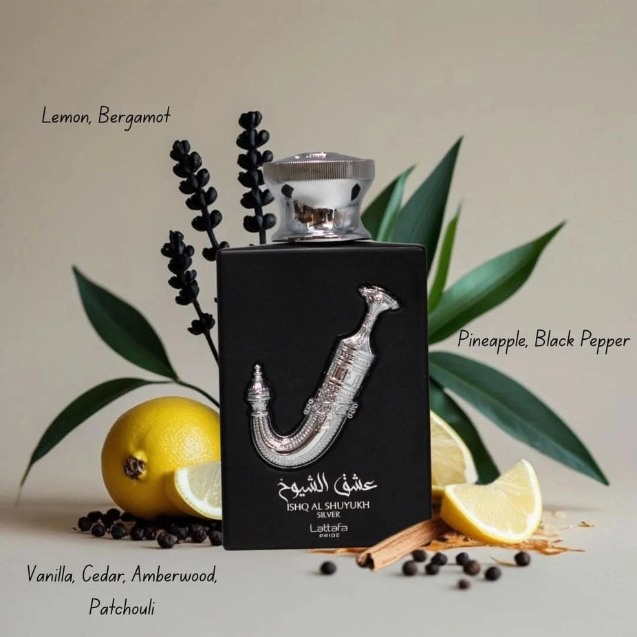 Lattafa Pride Ishq Al Shuyukh silver 3-piece perfume gift set with elegant bottles and packaging for special occasions.