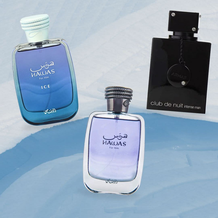 Intense Oud Hawas Ice and Club De Nuit Intense Eau De Parfum sprays for men, shown in a value pack with five bottles.
