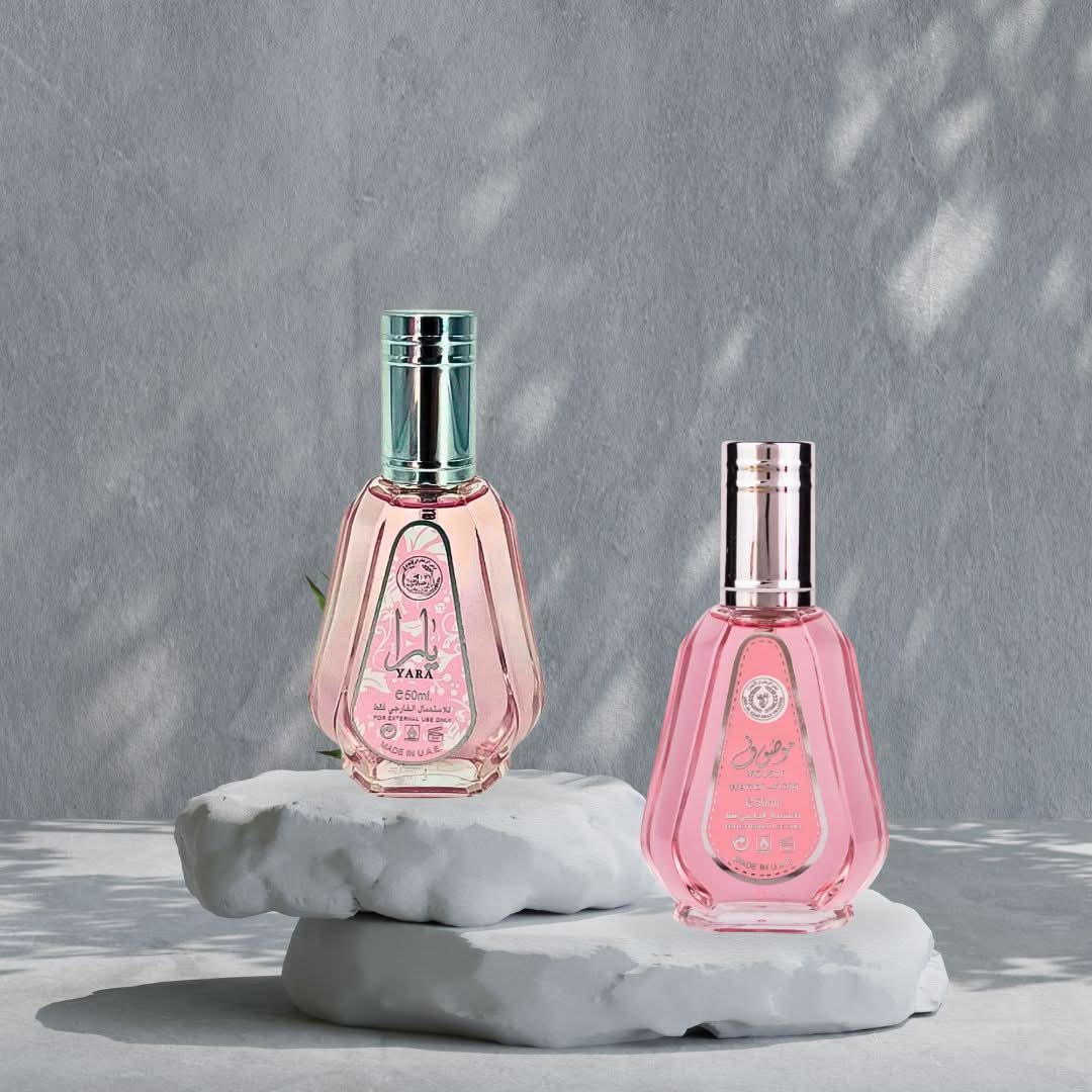 Bundle of Ard Al Zaafaran Yara & Mousuf Wardi Eau de Parfum sprays, 50ml each, with elegant bottle designs.